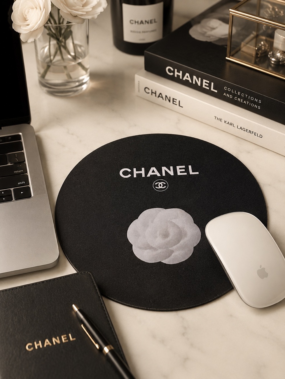 Black Camellia Floral Mouse Pad – 8” Diameter | Brand New
